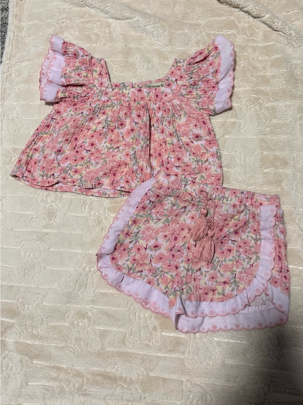 BearPaw Pink Floral Ruffle Sleeve Shorts Set